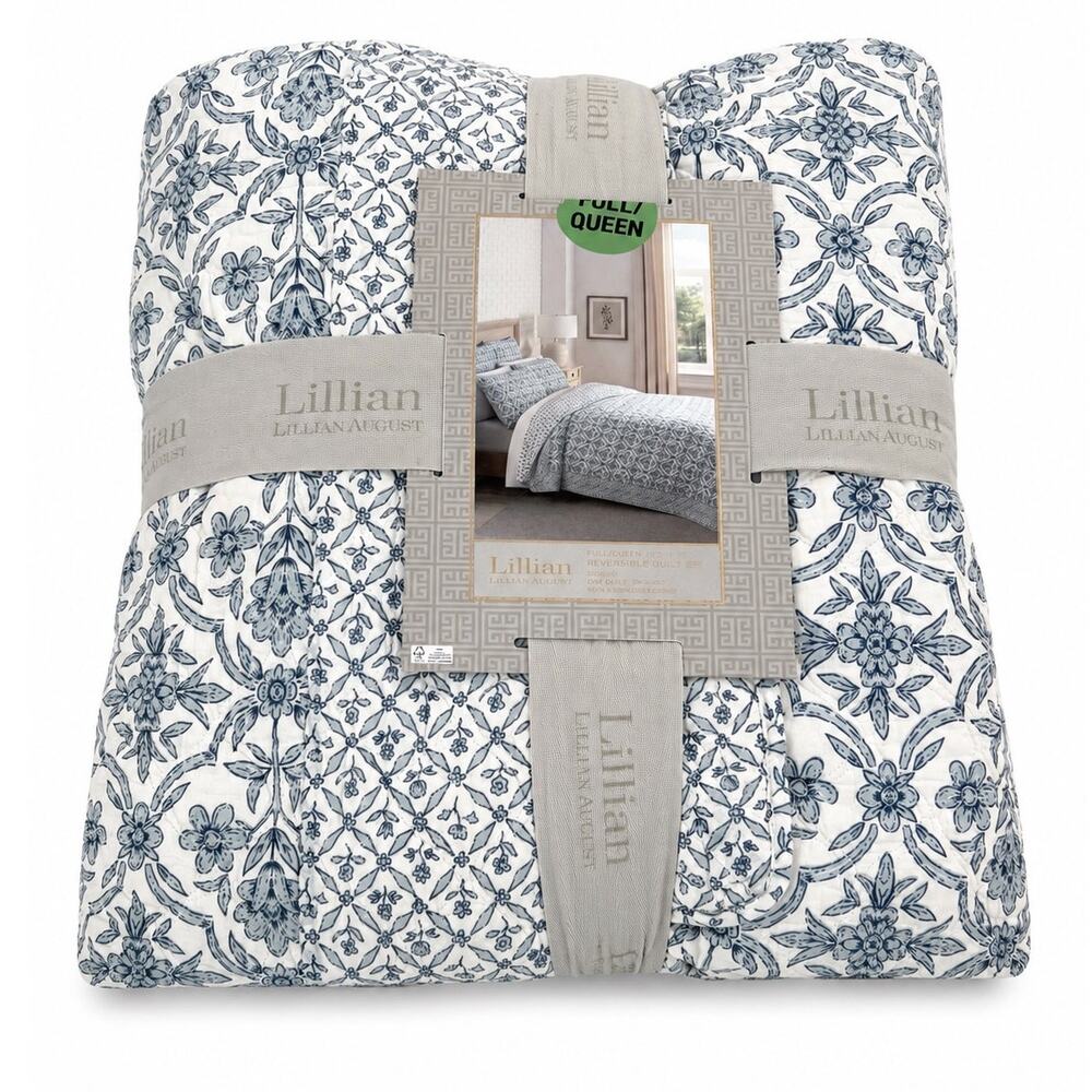 Lillian August Blue French Floral Cotton Queen Size Quilt